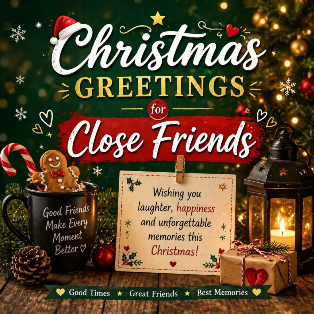 Christmas greetings for close friends with festive decor, mug, gingerbread, lantern, and warm holiday lights