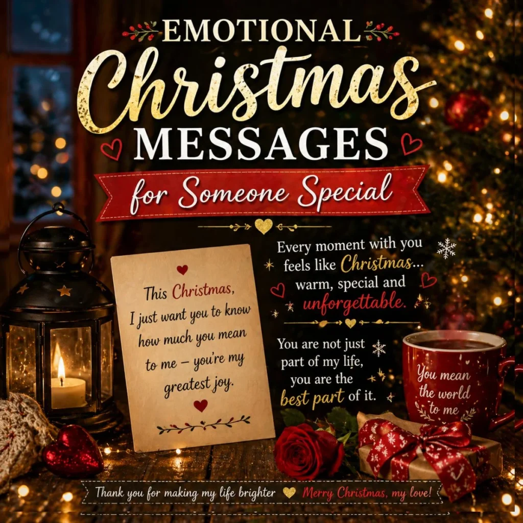 Emotional Christmas messages for someone special with cozy lights, candle lantern, gift, rose, and romantic holiday decor