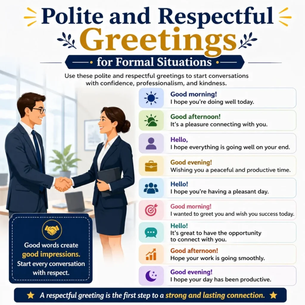 Polite and respectful English greetings infographic with formal phrases for professional conversations and business situations