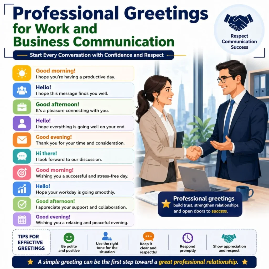 Professional greetings for work and business communication infographic with formal phrases and office meeting illustration