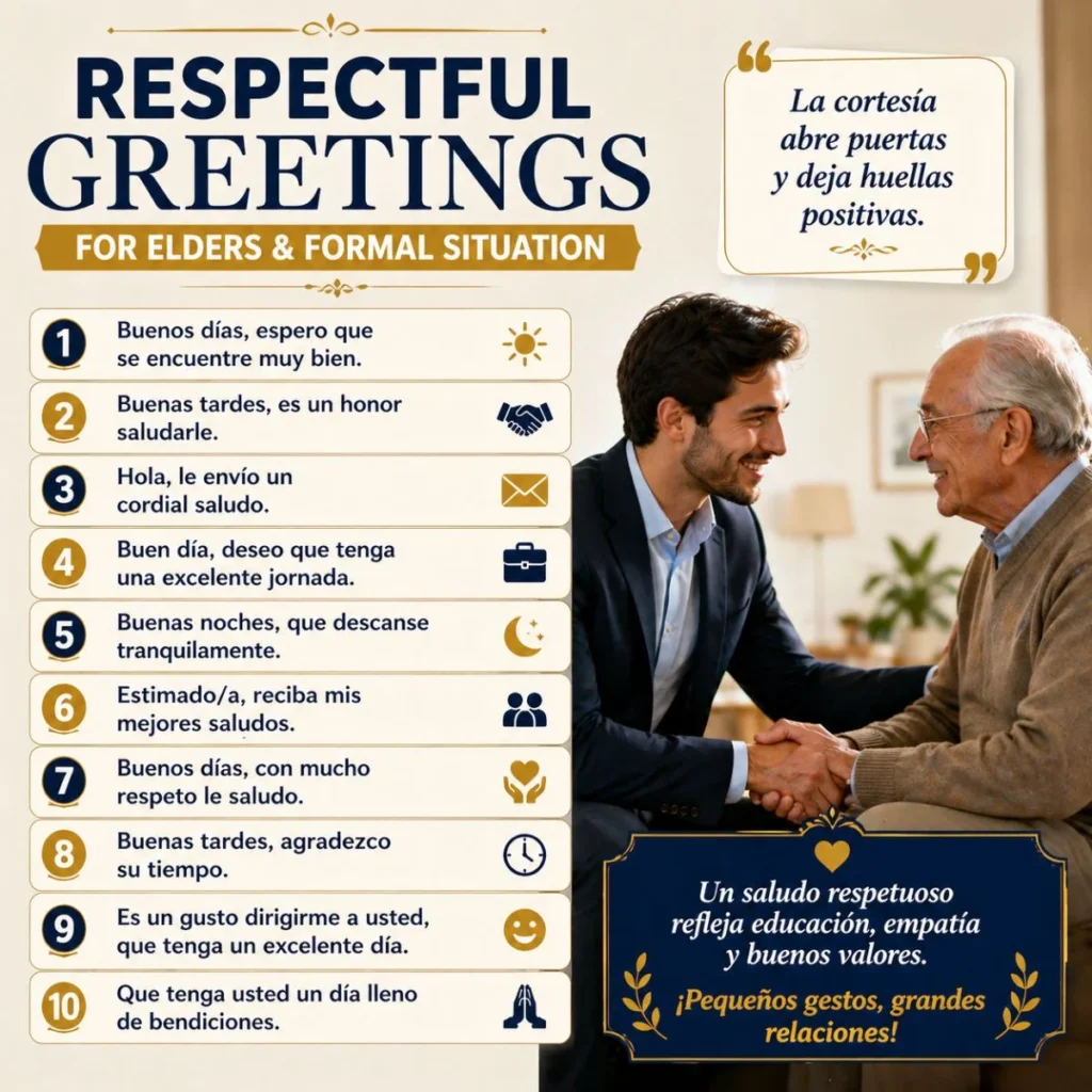 respectful greetings in Spanish infographic with formal phrases and a young man greeting an elder with a handshake