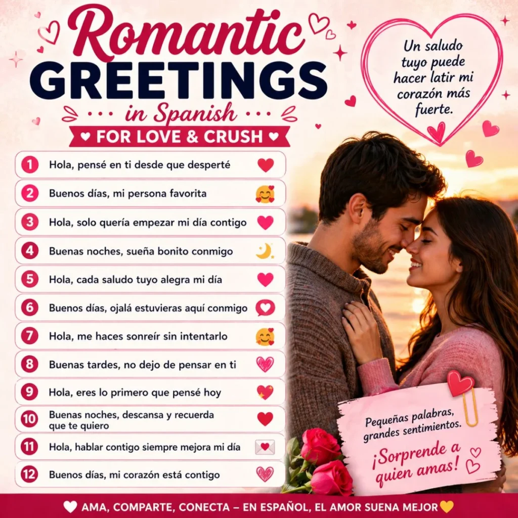 romantic greetings in Spanish infographic with love messages and couple at sunset expressing affection and connection