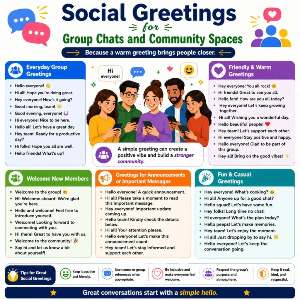 Social greetings message design for group chats and online community spaces with friendly communication theme