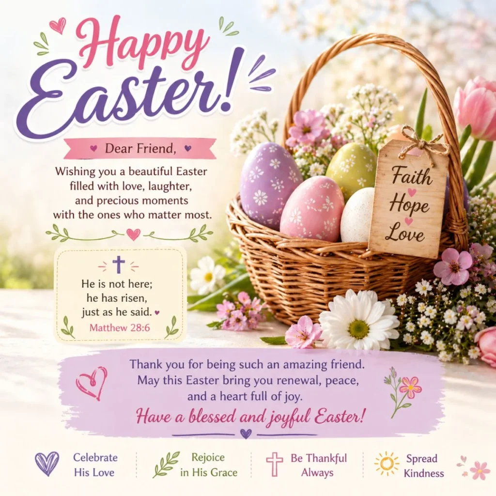 Easter card for friends with pastel eggs basket, flowers, and heartfelt message of faith, hope, and love