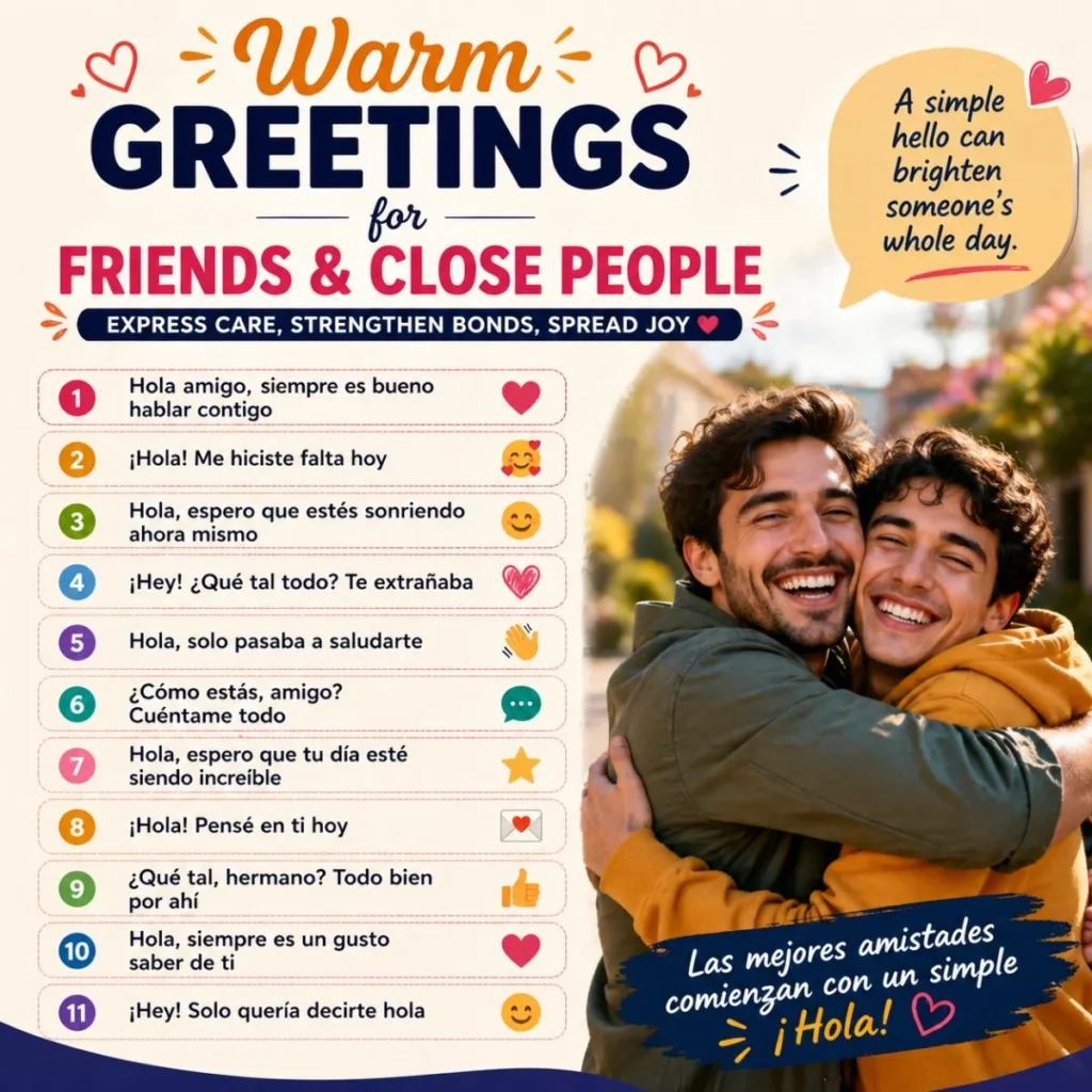 warm greetings in Spanish for friends and close people infographic with heartfelt phrases and smiling friends hugging