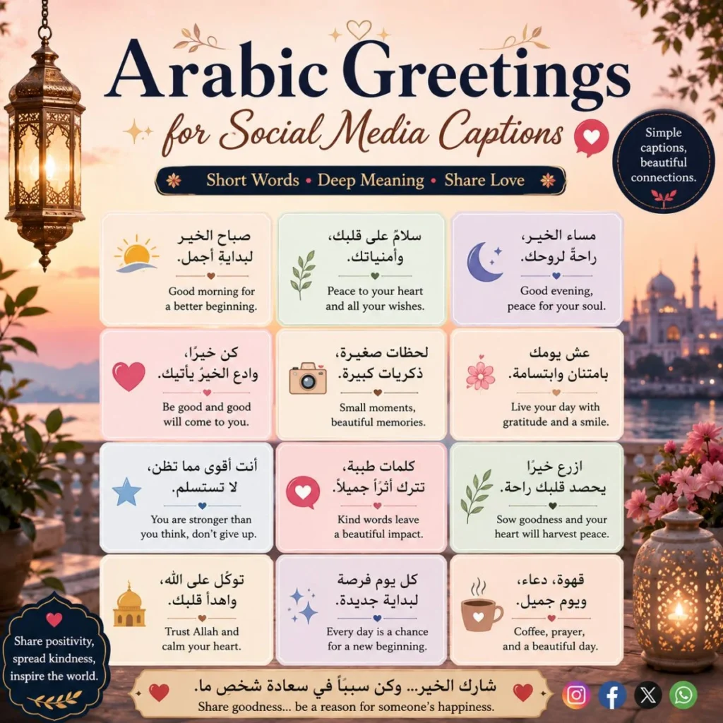 Arabic greetings for social media captions with short quotes, lanterns, flowers, and sunset mosque background