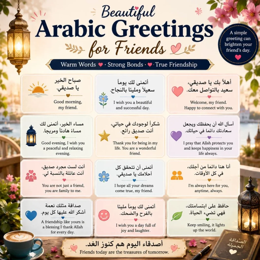 Beautiful Arabic greetings for friends with warm friendship messages, lanterns, flowers, and café-style design