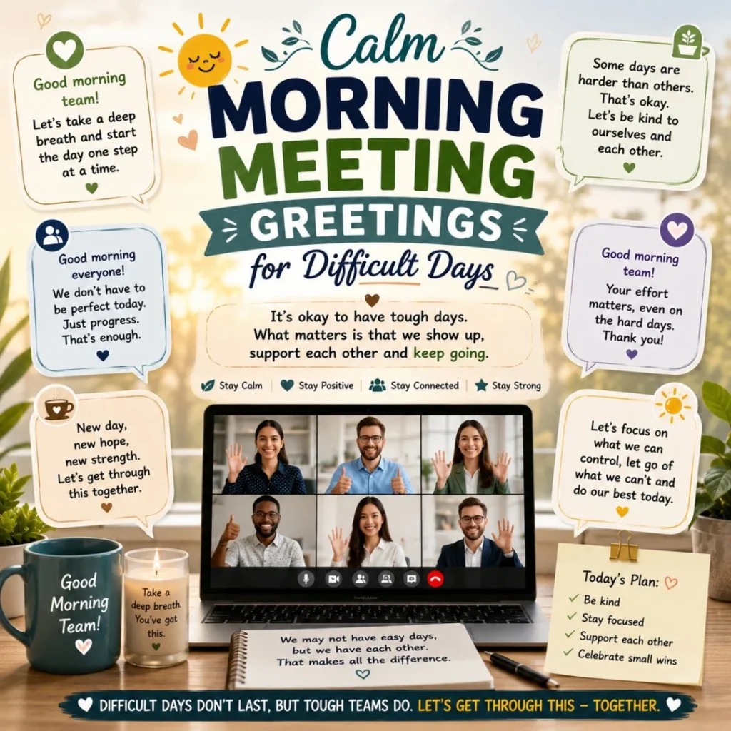 Calm morning meeting greetings poster with supportive team call messages and peaceful office atmosphere
