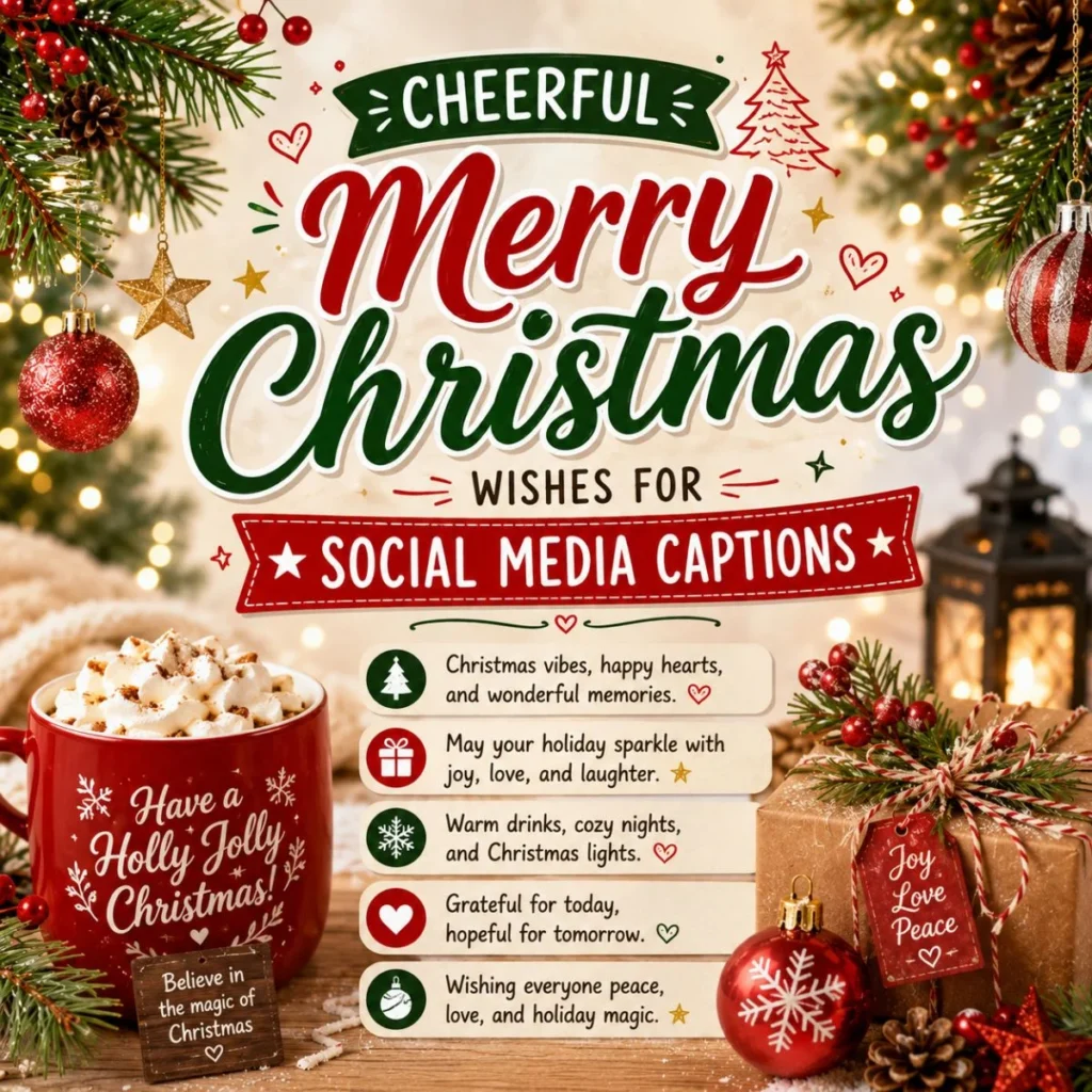 Cheerful Merry Christmas wishes for social media captions with festive lights, mug, gifts, and ornaments