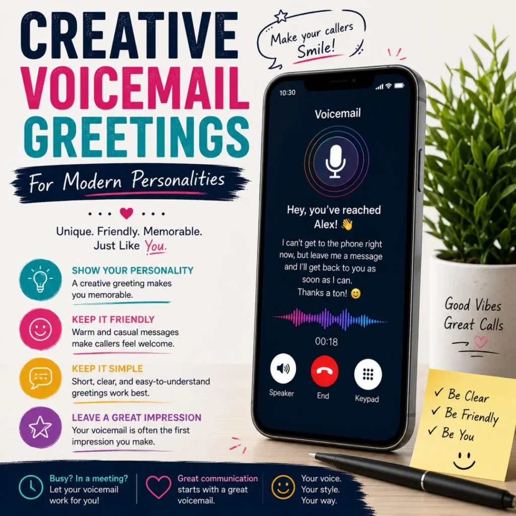 Creative voicemail greetings for modern personalities with colorful phone mockup and friendly message tips