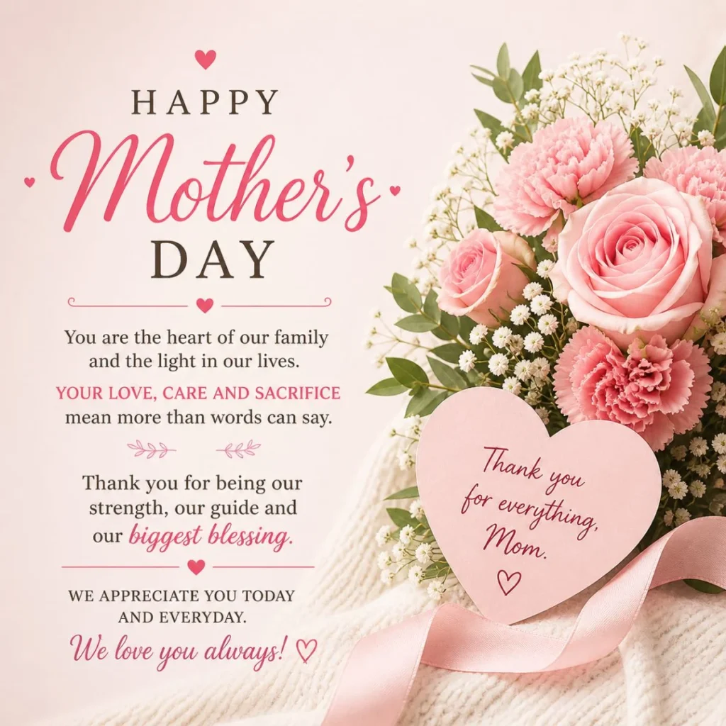 Mother’s Day appreciation card with pink roses, carnations, heart note and heartfelt thank you message for mom