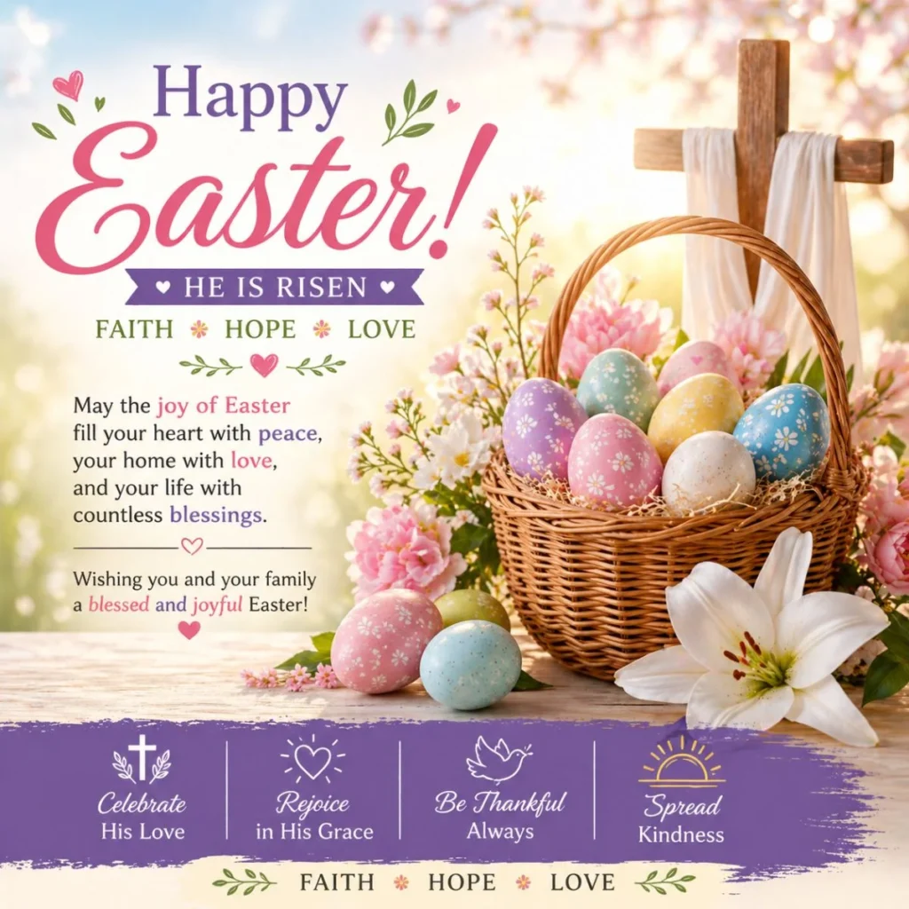 Happy Easter social media post with pastel eggs basket, cross, flowers, and faith hope love message