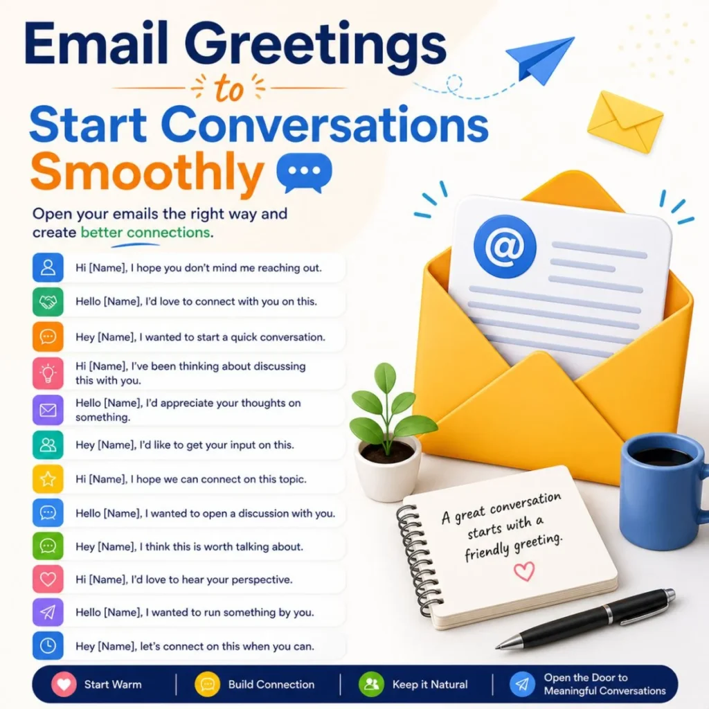 Email greetings to start conversations smoothly infographic with natural message examples and envelope illustration