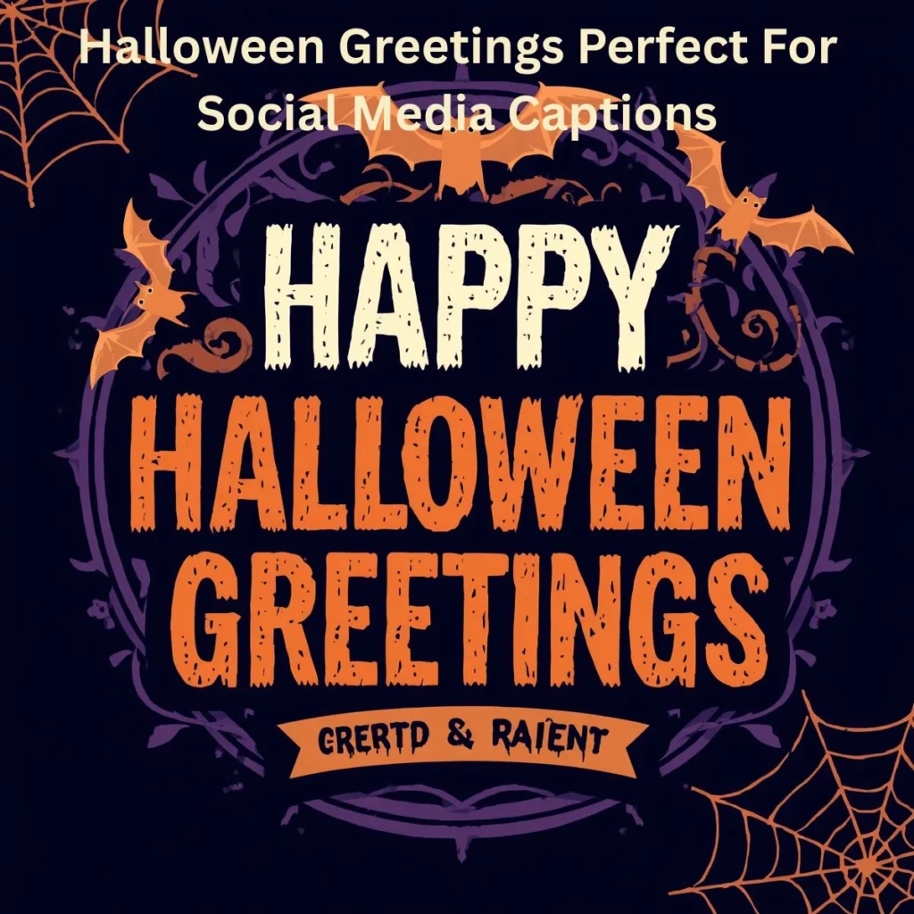 Halloween social media captions image with glowing pumpkins, cute ghost, candy, moon, and spooky festive text