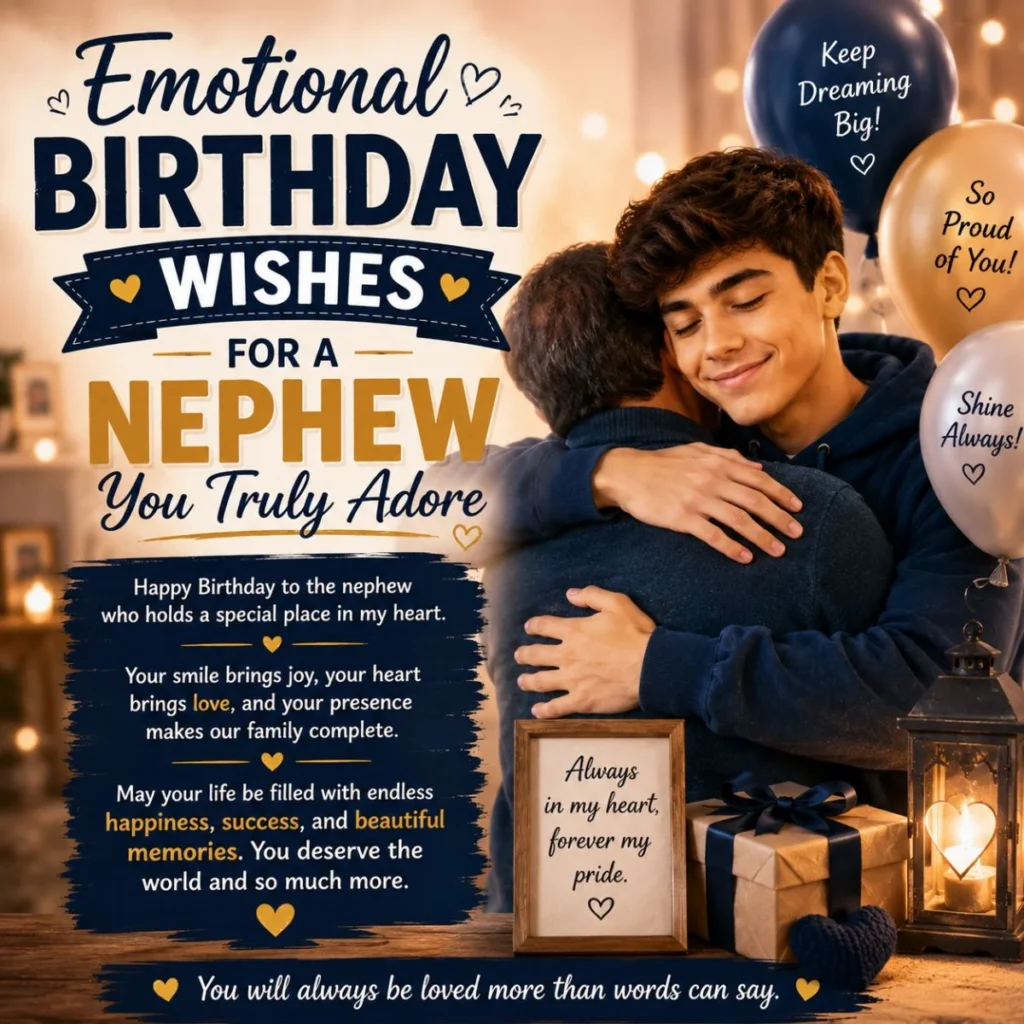Emotional birthday wishes for nephew with loving hug, balloons, gifts, and heartfelt family message