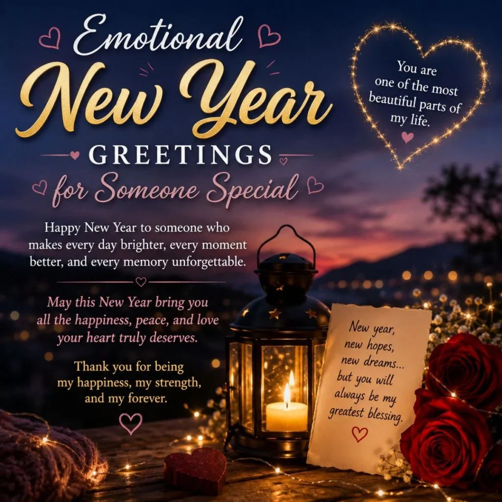 Emotional New Year greetings for someone special with roses, candle lantern, heart lights, and romantic sunset