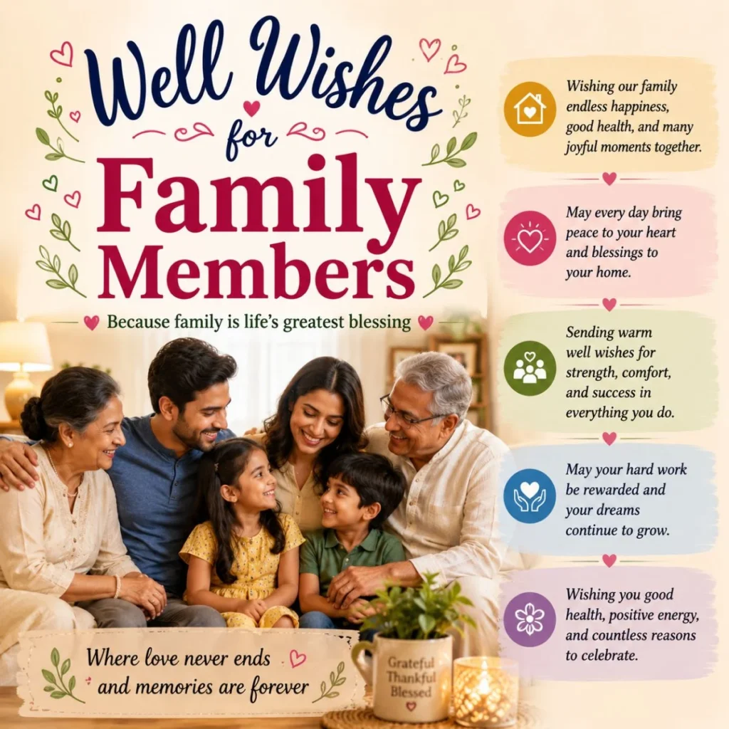 Well wishes for family members with happy family, hearts, flowers, and warm blessing messages
