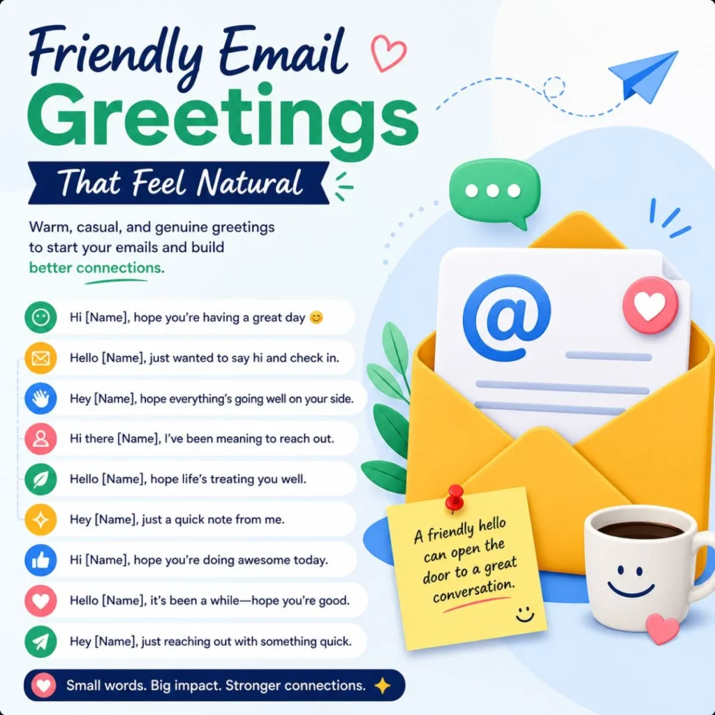 Friendly email greetings infographic with natural message examples, envelope illustration, and casual email opening lines