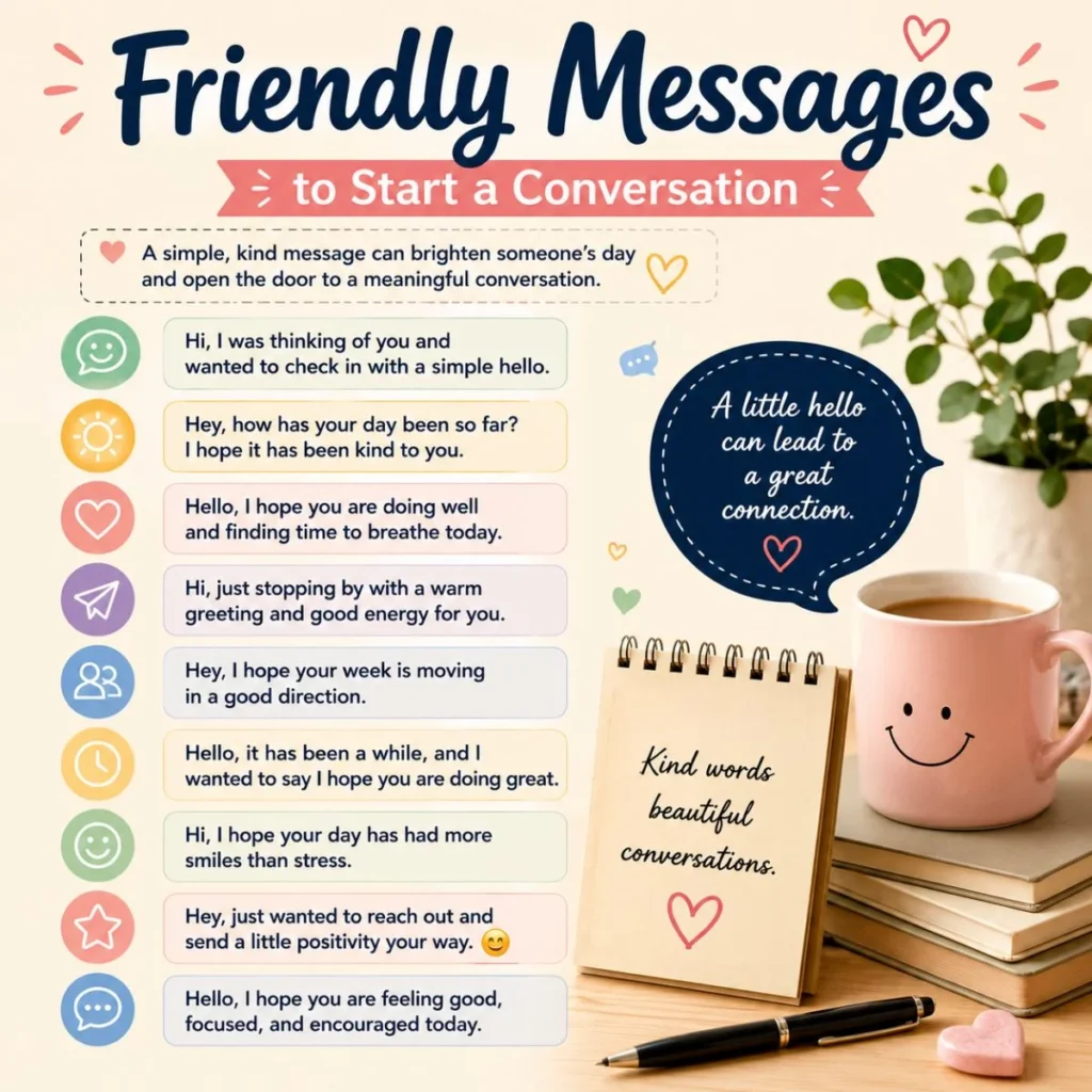 Friendly messages infographic with conversation starters, speech bubbles, coffee mug, and warm note