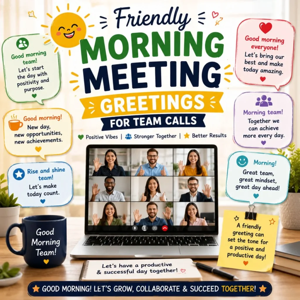 Friendly morning meeting greetings poster with virtual team call, motivational quotes, and positive office vibes