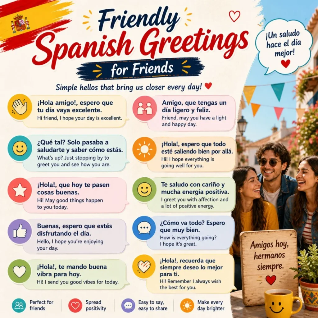 Friendly Spanish greetings for friends with warm phrases, English translations, and cheerful social icons