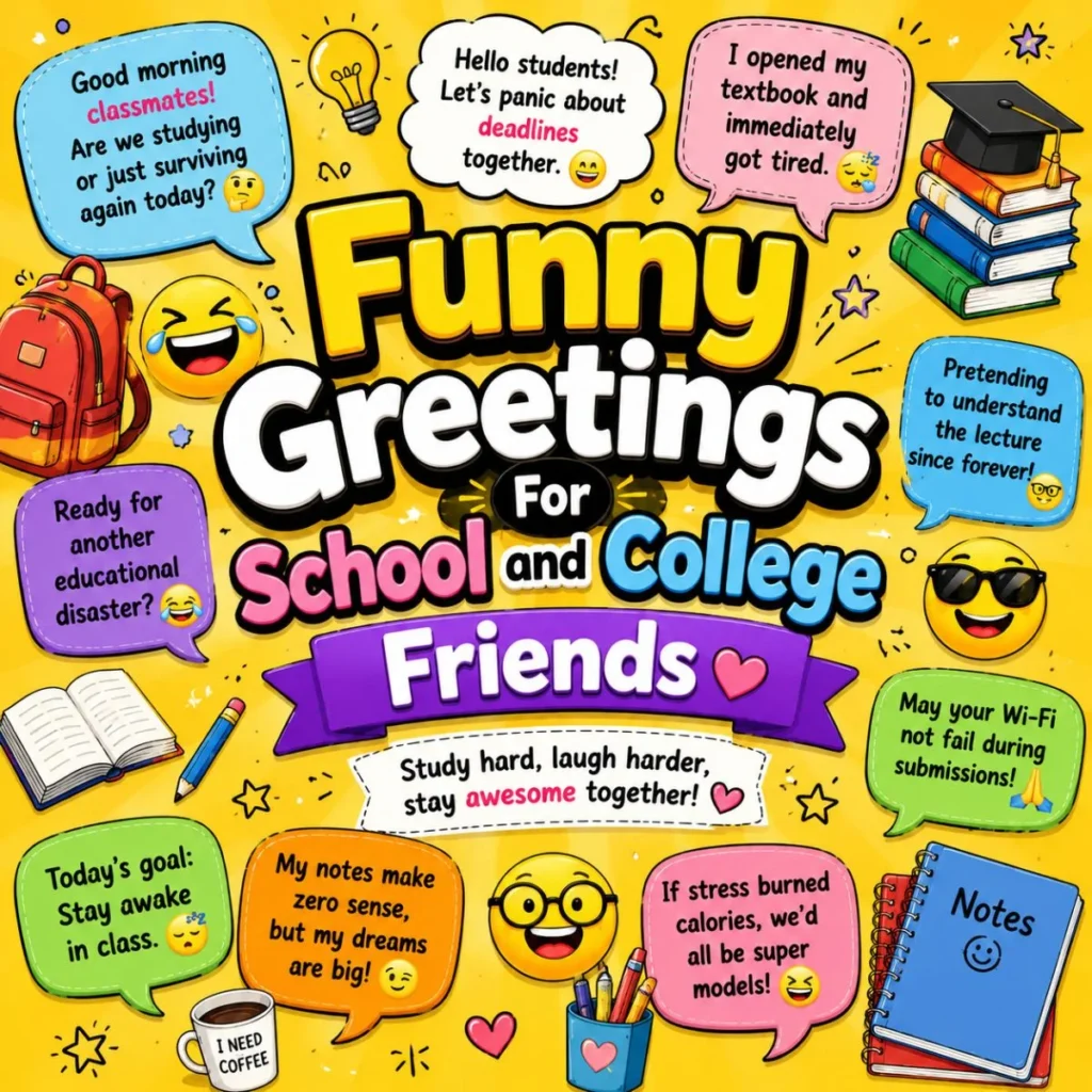 Funny school and college greetings with colorful speech bubbles, student jokes, books, emojis, and classroom humor