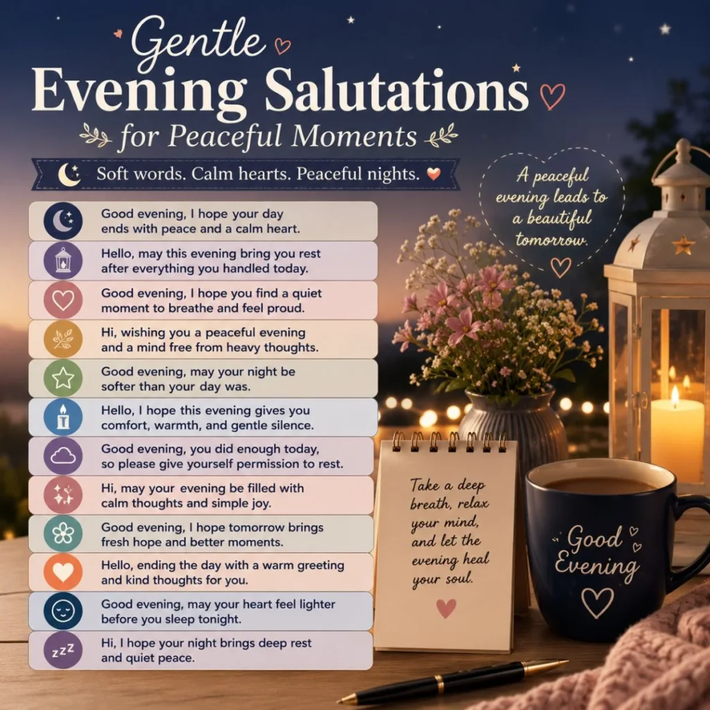 Gentle evening salutations infographic with peaceful messages, lantern, flowers, mug, and starry night
