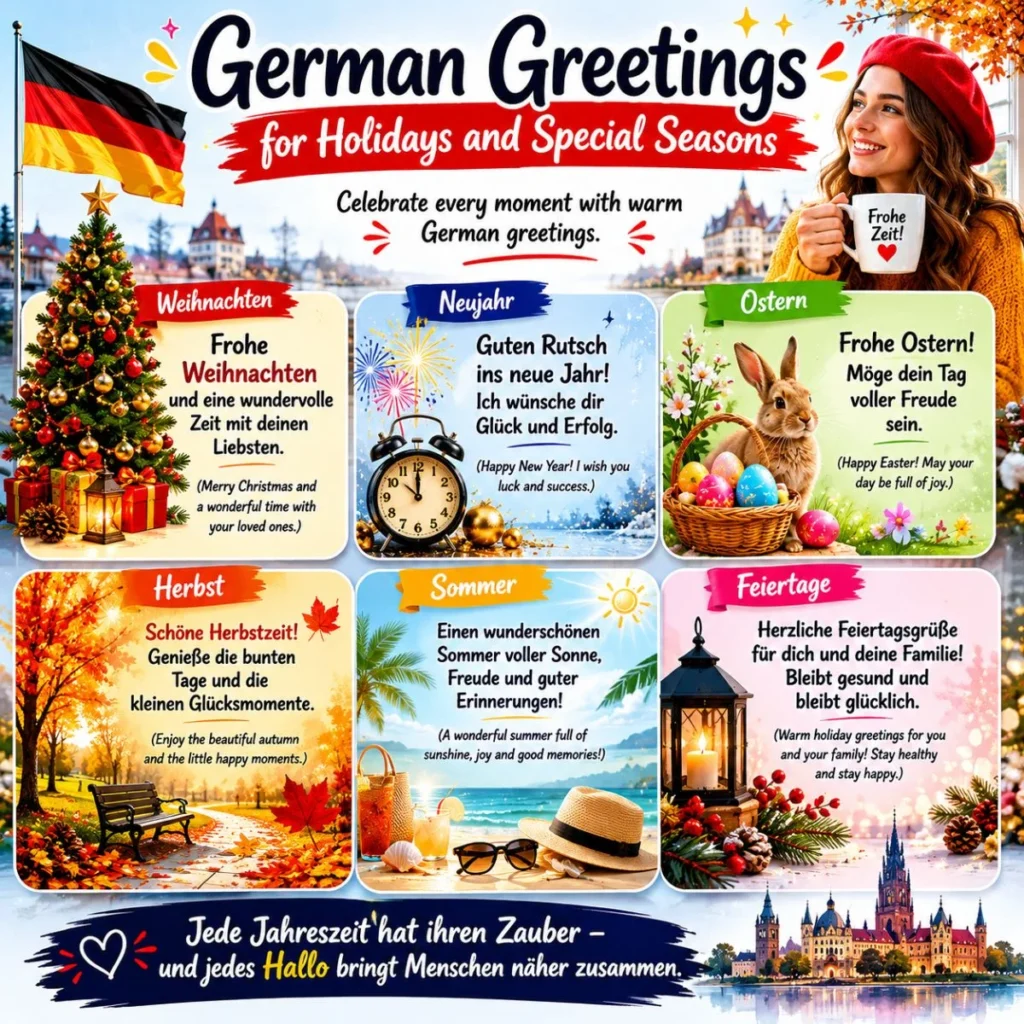 German holiday greetings infographic with Christmas, New Year, Easter, autumn and summer phrases