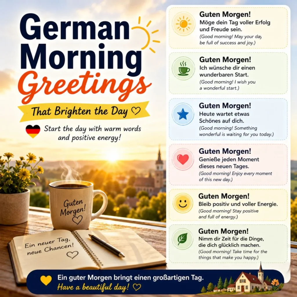 German morning greetings infographic with sunrise, coffee, and positive Guten Morgen phrases