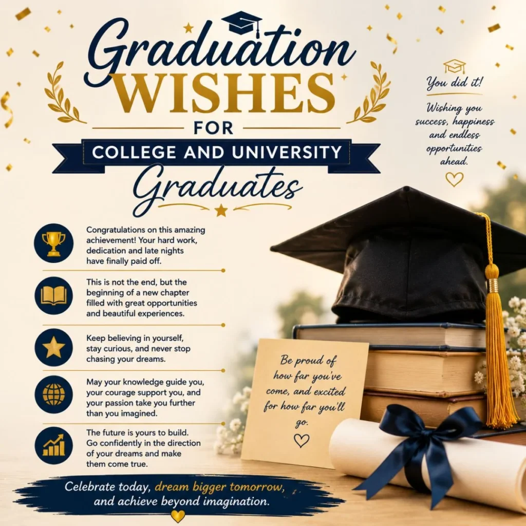Graduation wishes for college and university graduates with cap, diploma, books, and inspiring success message