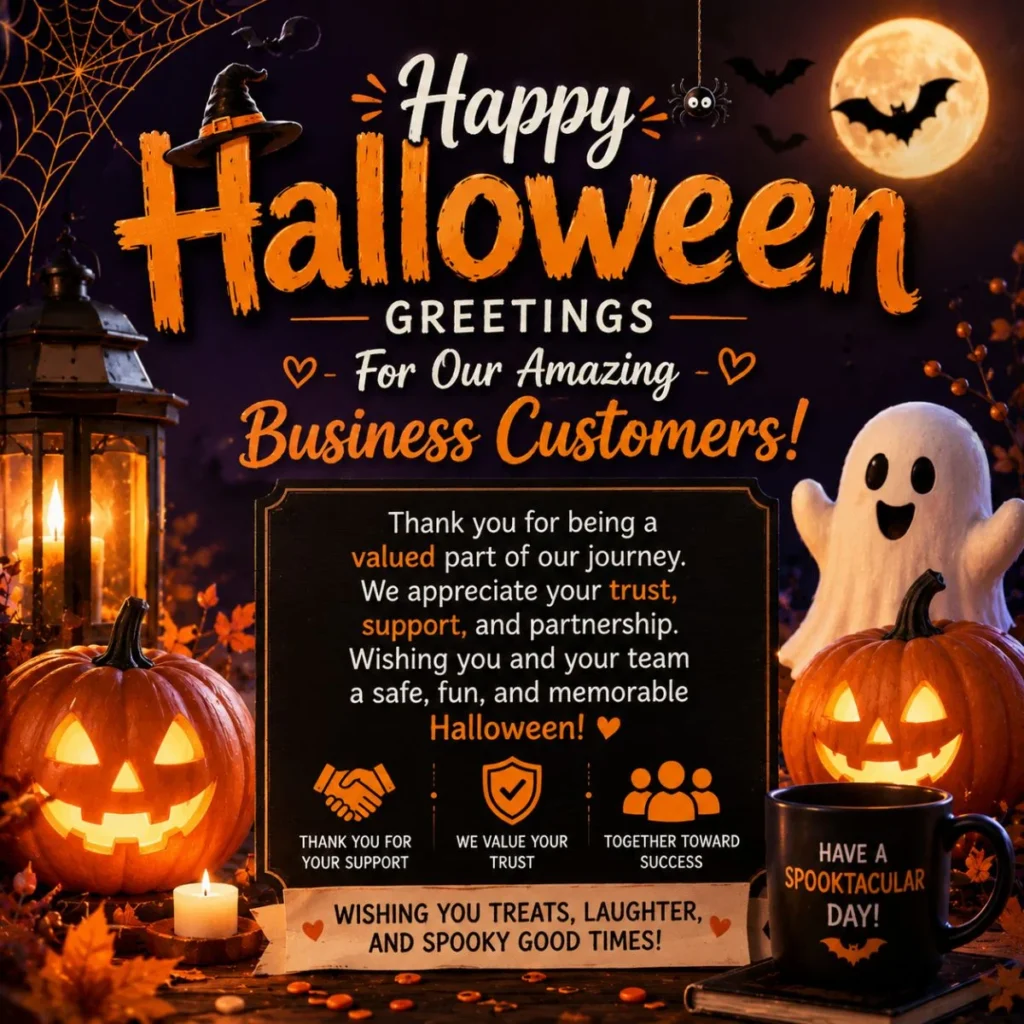 Halloween greetings for business customers with pumpkins, ghost, moon, lantern, and thank you message