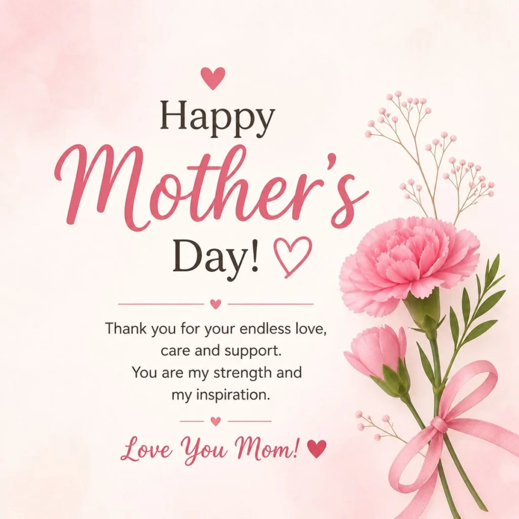 Happy Mother’s Day greeting card with pink flowers, heart accents and elegant typography on soft pastel background
