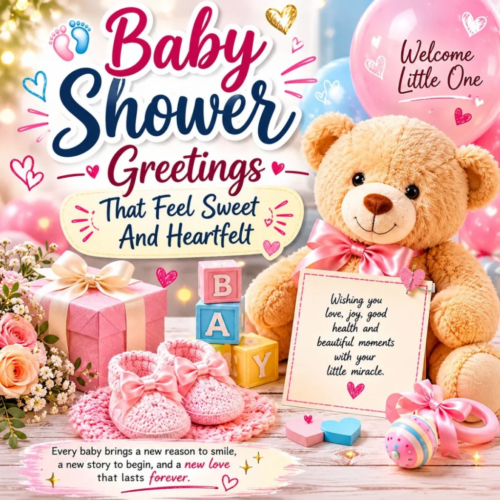 Baby shower greetings poster with teddy bear, pink balloons, baby shoes, gifts, flowers, and heartfelt wishes