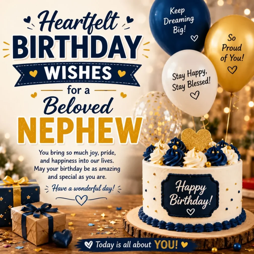 Heartfelt birthday wishes for beloved nephew with cake, balloons, and gifts