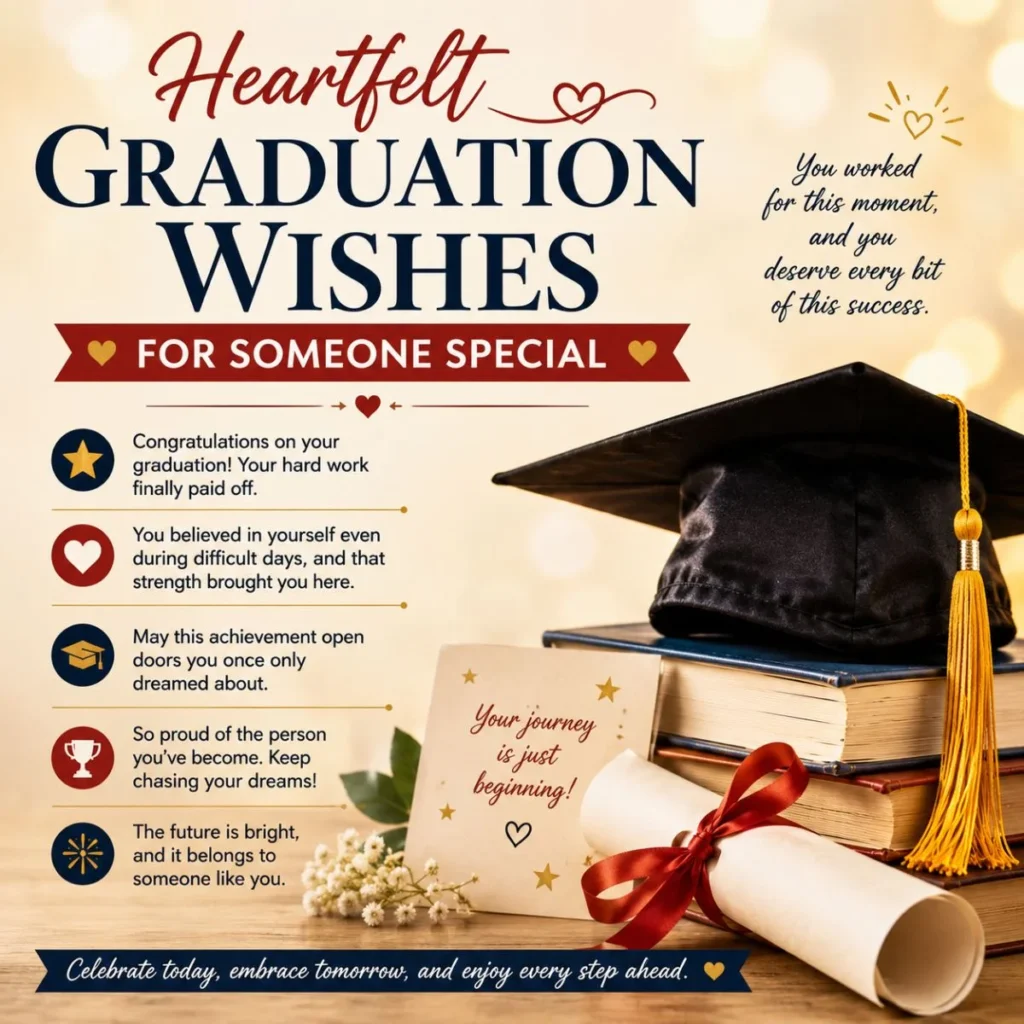 Heartfelt graduation wishes image with cap, diploma, books, and warm success messages