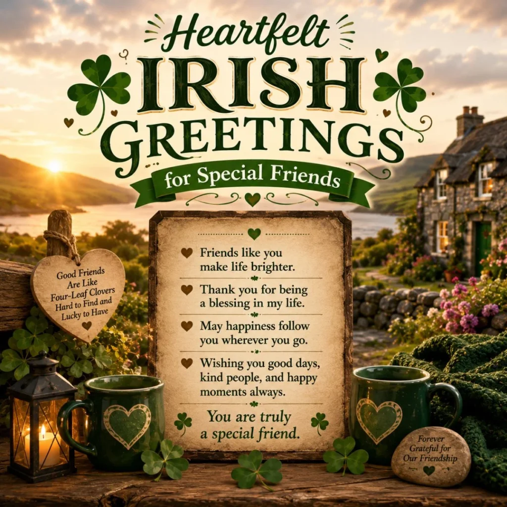 Heartfelt Irish greetings for special friends with shamrocks, cottage, mugs, and warm friendship quotes