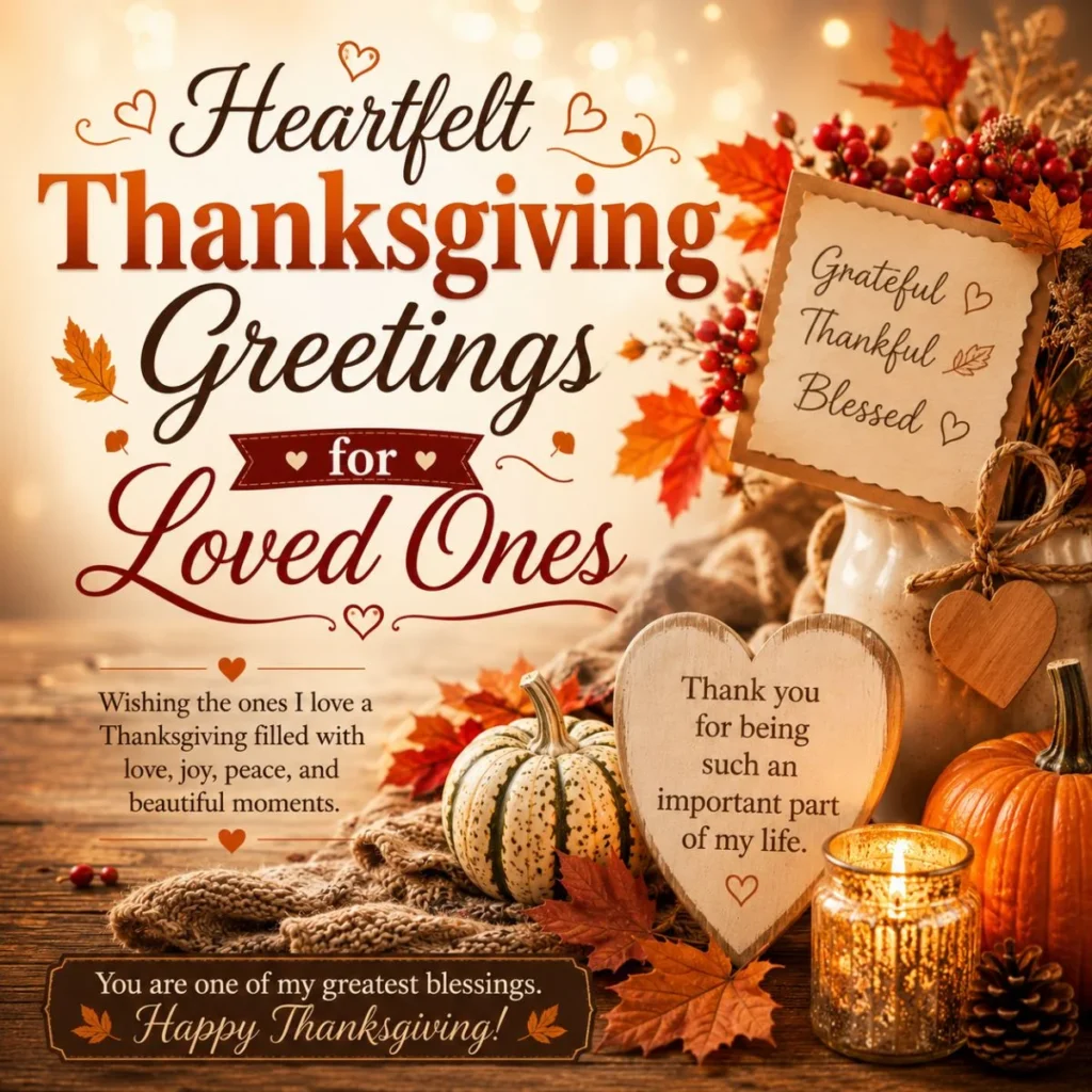 Heartfelt Thanksgiving greetings for loved ones with pumpkins, candle, autumn leaves, and gratitude notes