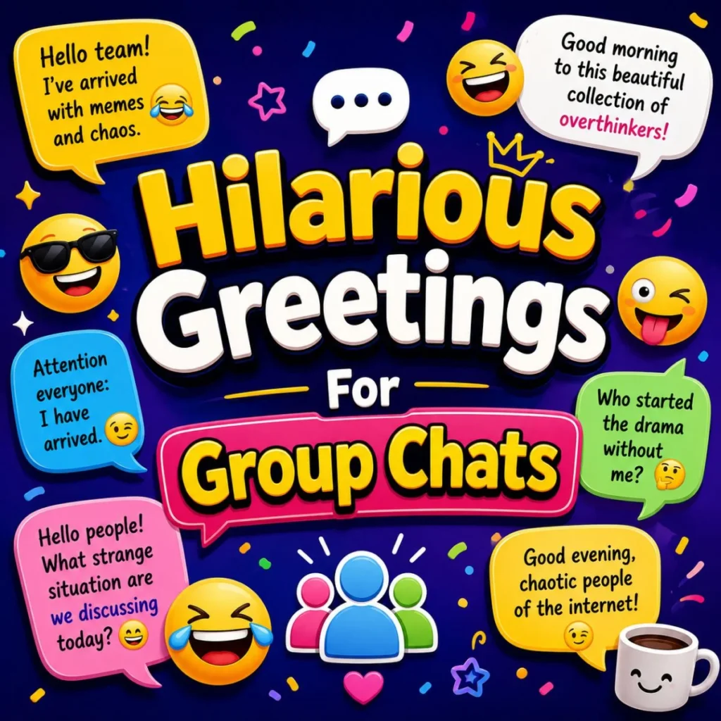 Hilarious group chat greetings with funny emojis, colorful speech bubbles, and playful conversation quotes
