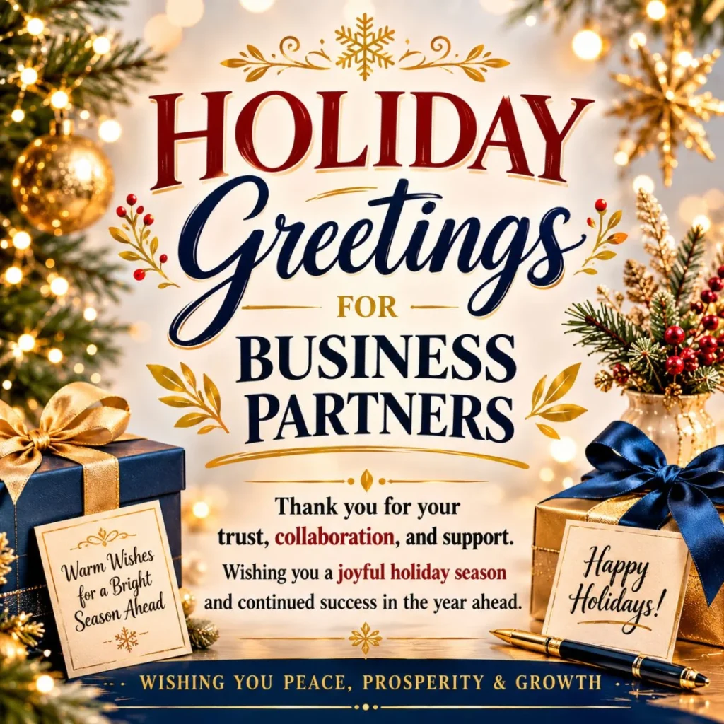 Holiday greetings for business partners with gifts, handshake icons, notebook, mug, and festive lights