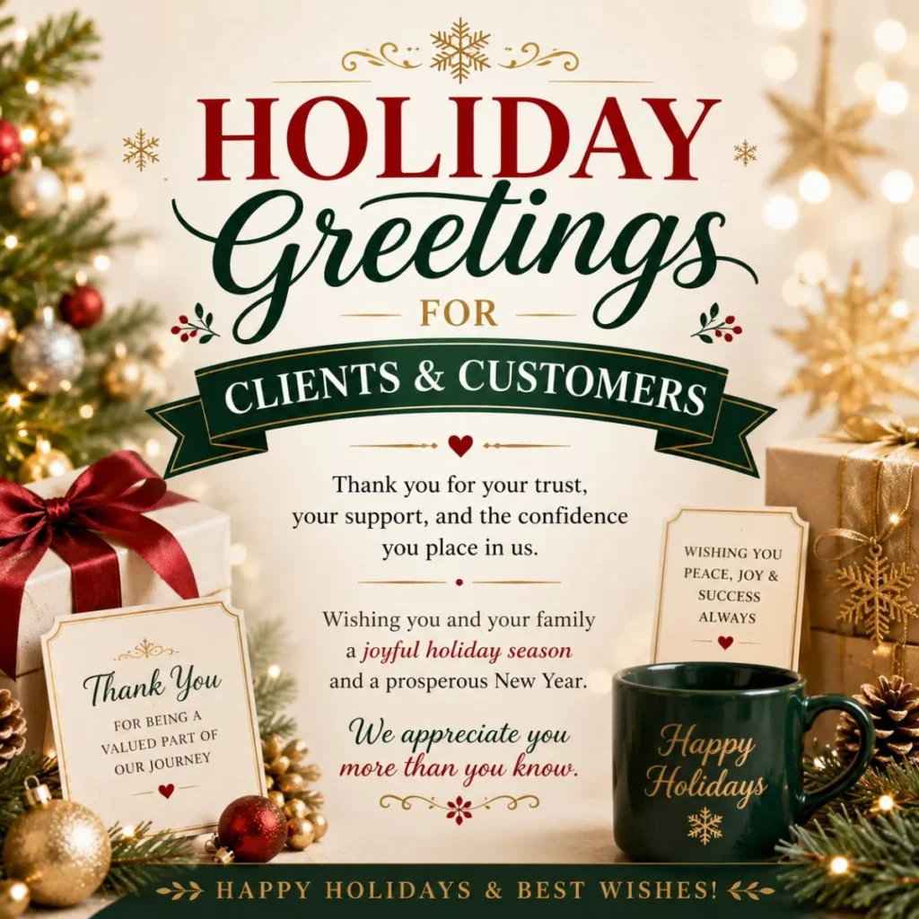 Holiday greetings for clients and customers with gifts, warm lights, thank you cards, and festive decor