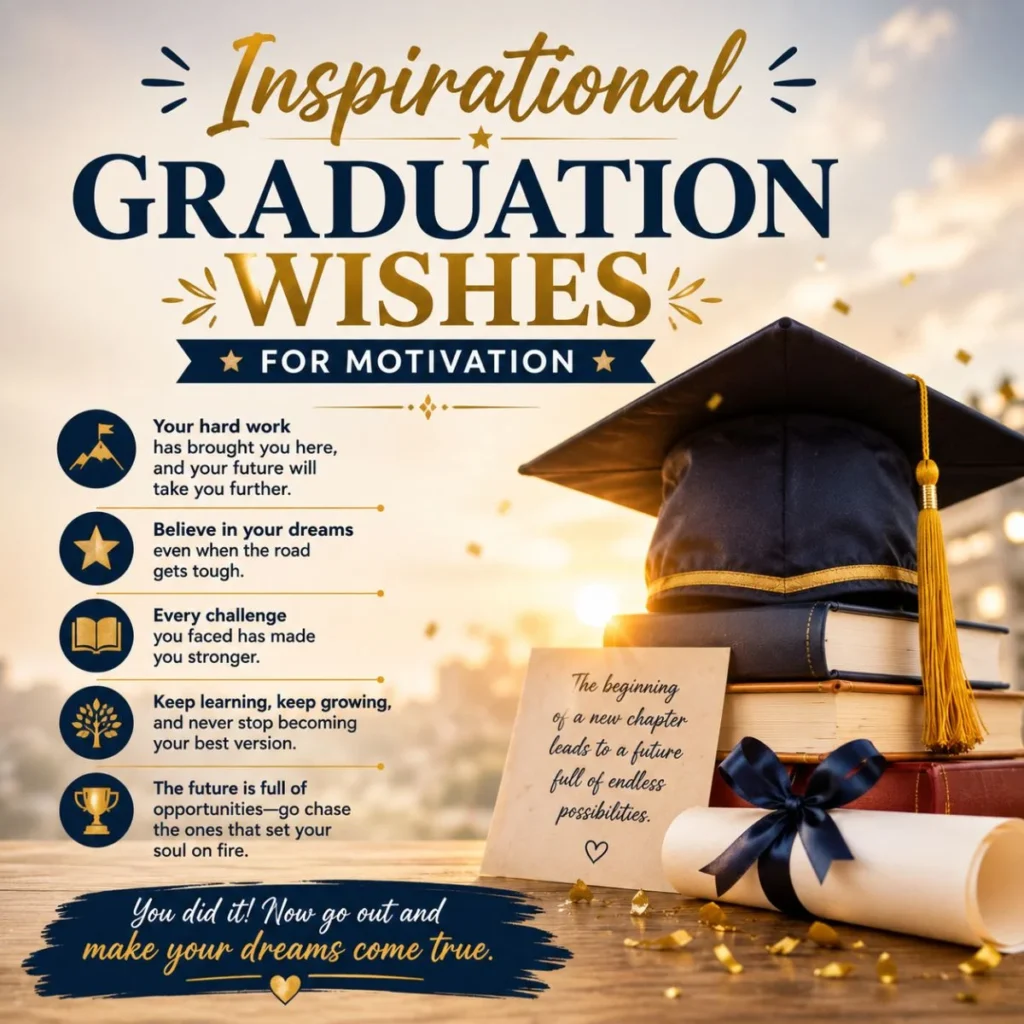 Inspirational graduation wishes image with cap, books, diploma, and motivational success quotes