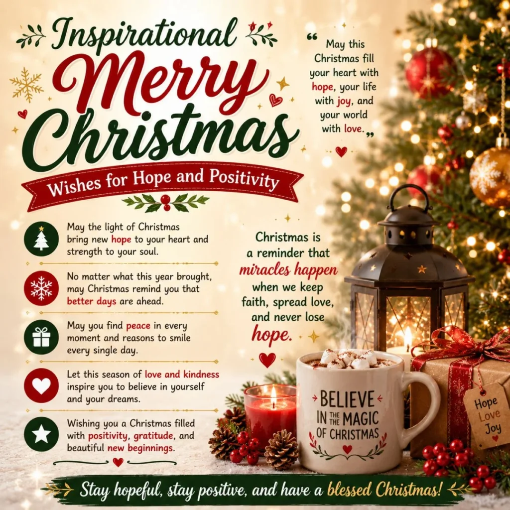 Inspirational Merry Christmas wishes for hope and positivity with lights, lantern, candle, gifts, and festive tree