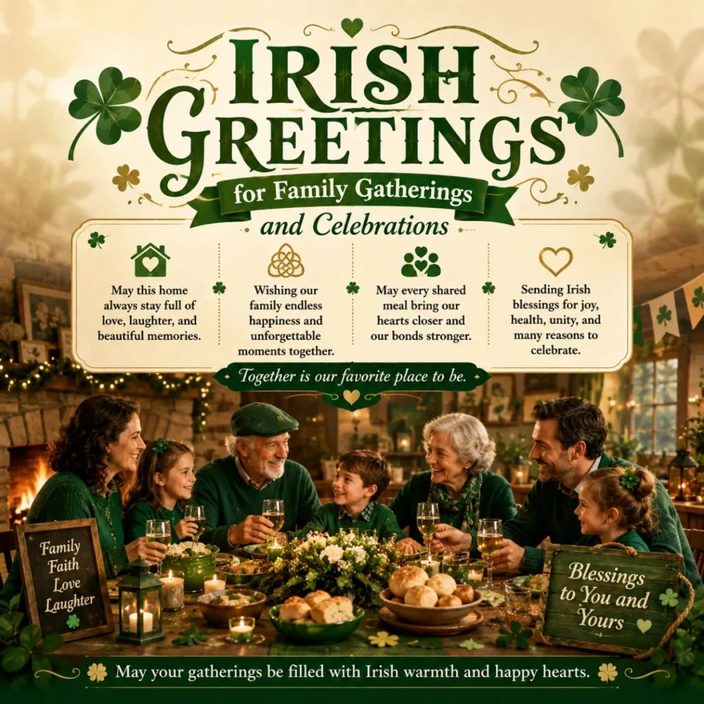 Irish family gathering greeting with shamrocks, dinner table, warm lights, and celebration blessings