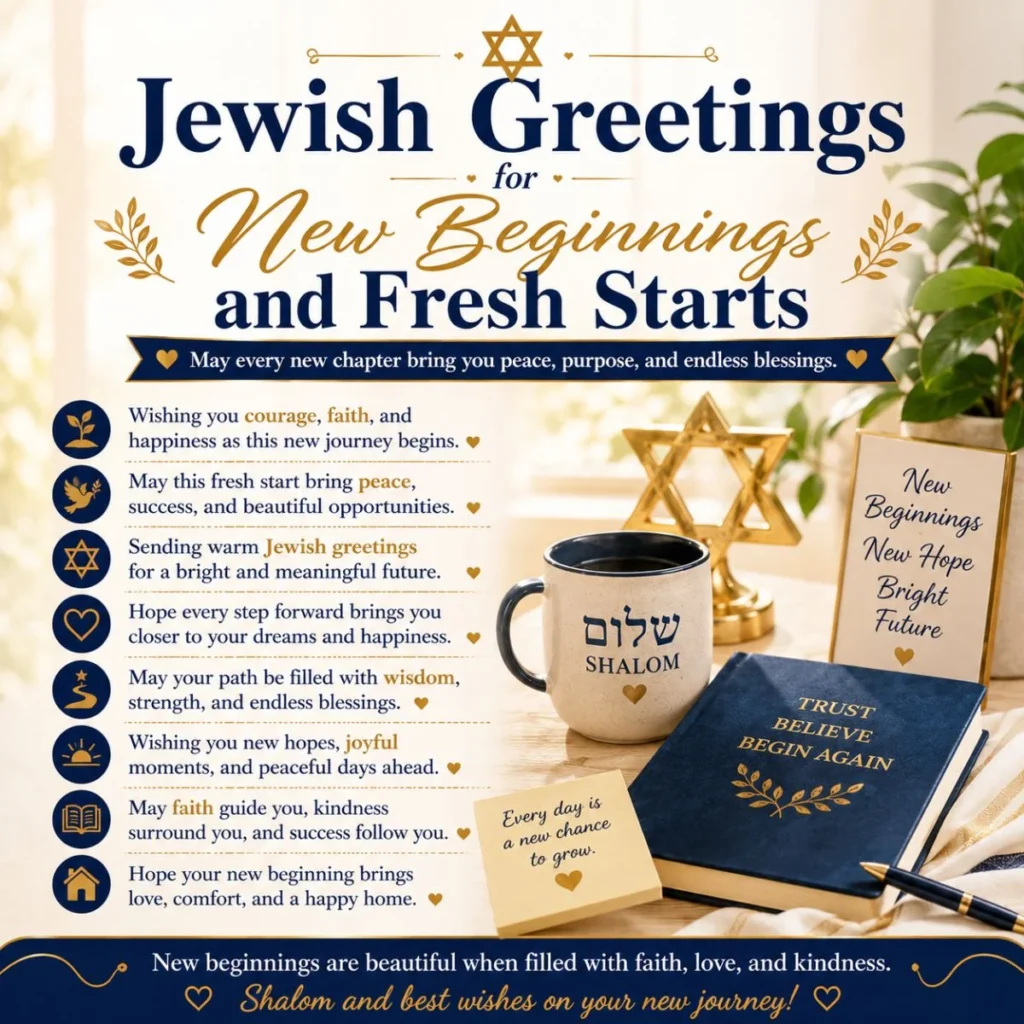 Jewish greetings for new beginnings with Shalom mug, Star of David, plant, and fresh start blessing messages