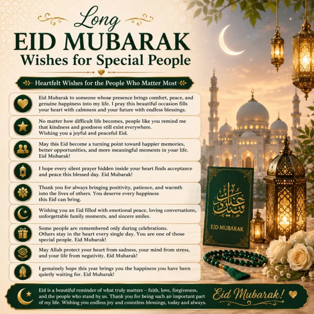Long Eid Mubarak wishes for special people with mosque, lanterns, crescent moon, and heartfelt message list