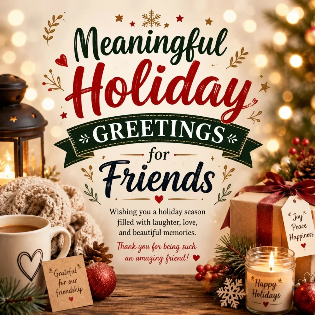 Meaningful holiday greetings for friends with cozy candles, gifts, ornaments, and warm festive lights