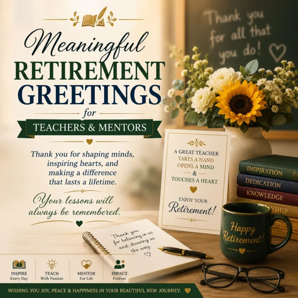 Meaningful retirement greetings for teachers and mentors with books, flowers, card, and classroom background