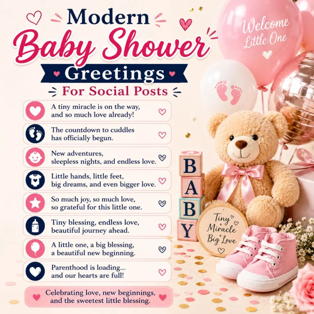 Modern baby shower greetings social post with teddy bear, pink balloons, baby blocks, shoes, and sweet wishes