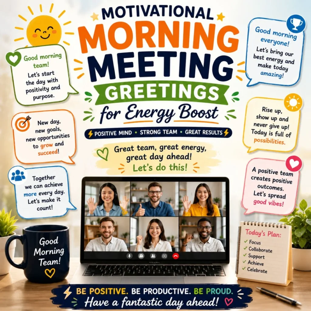 Motivational morning meeting greetings poster with virtual team call and positive workplace quotes