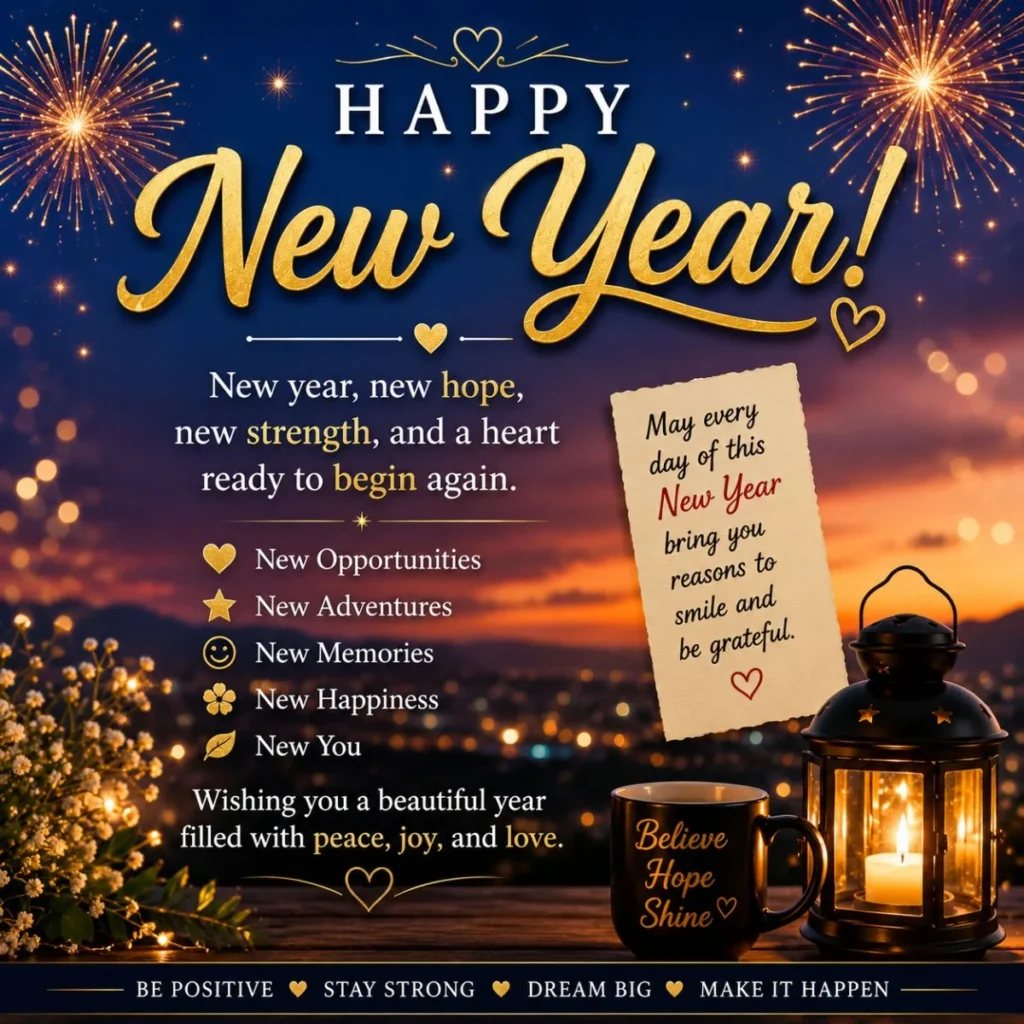 New Year WhatsApp status image with fireworks, golden text, lantern, mug, and hopeful greeting message